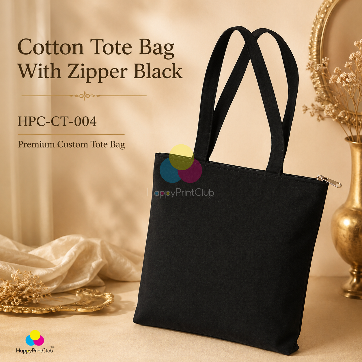 Cotton Tote Bag With Zipper Black For Corporate Gifting