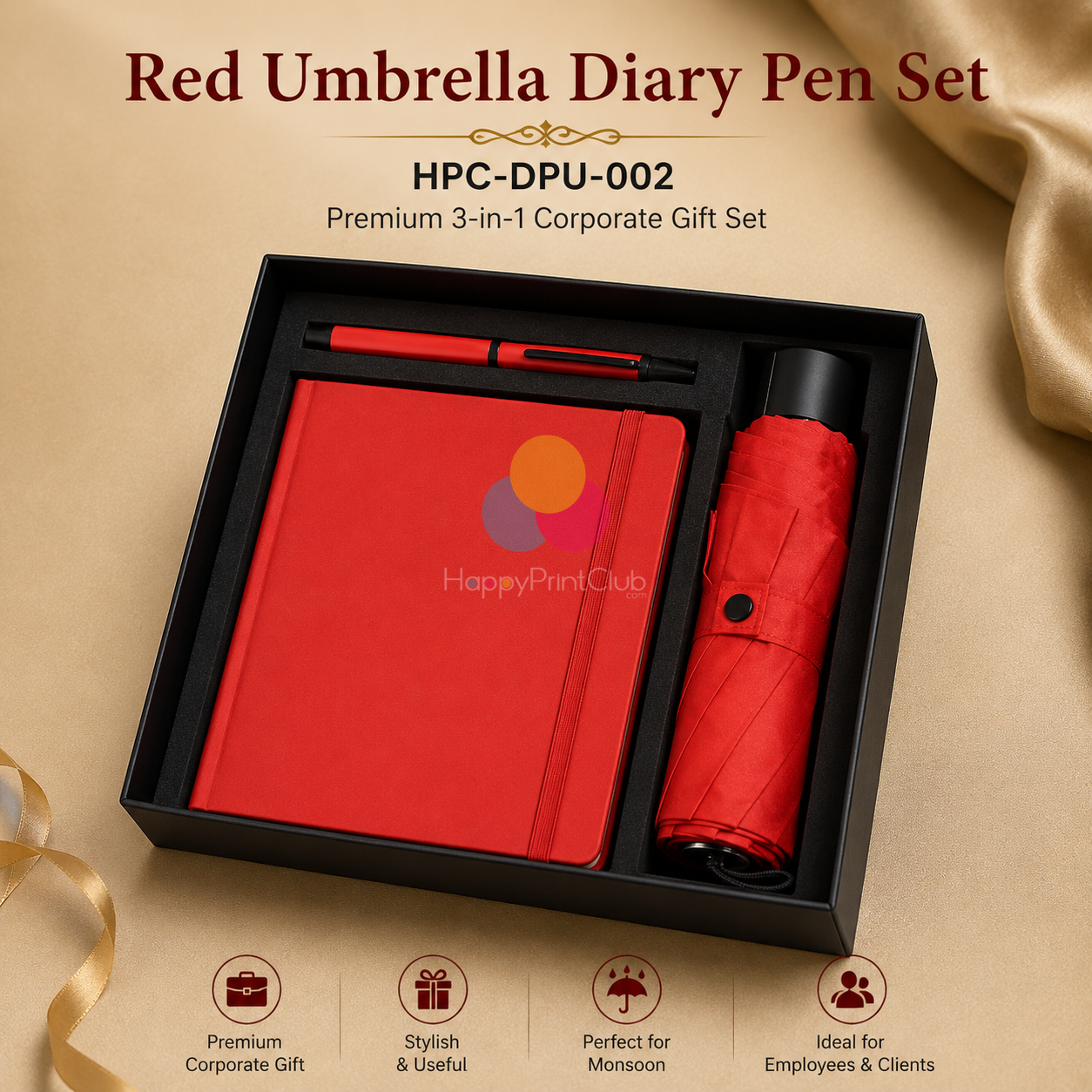 Customized Corporate Gift Set With Double Fold Umbrella, Ball Pen & 160 Pages Hard Bound Diary
